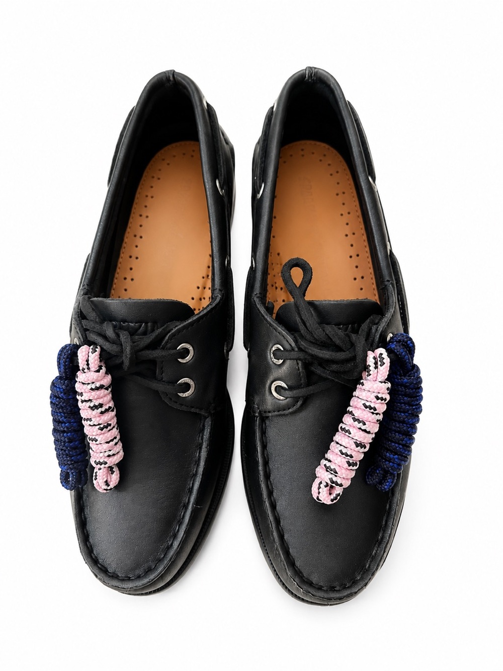 Aritzia Black Leather Boat Shoes with Pink and Navy Rope Tassels